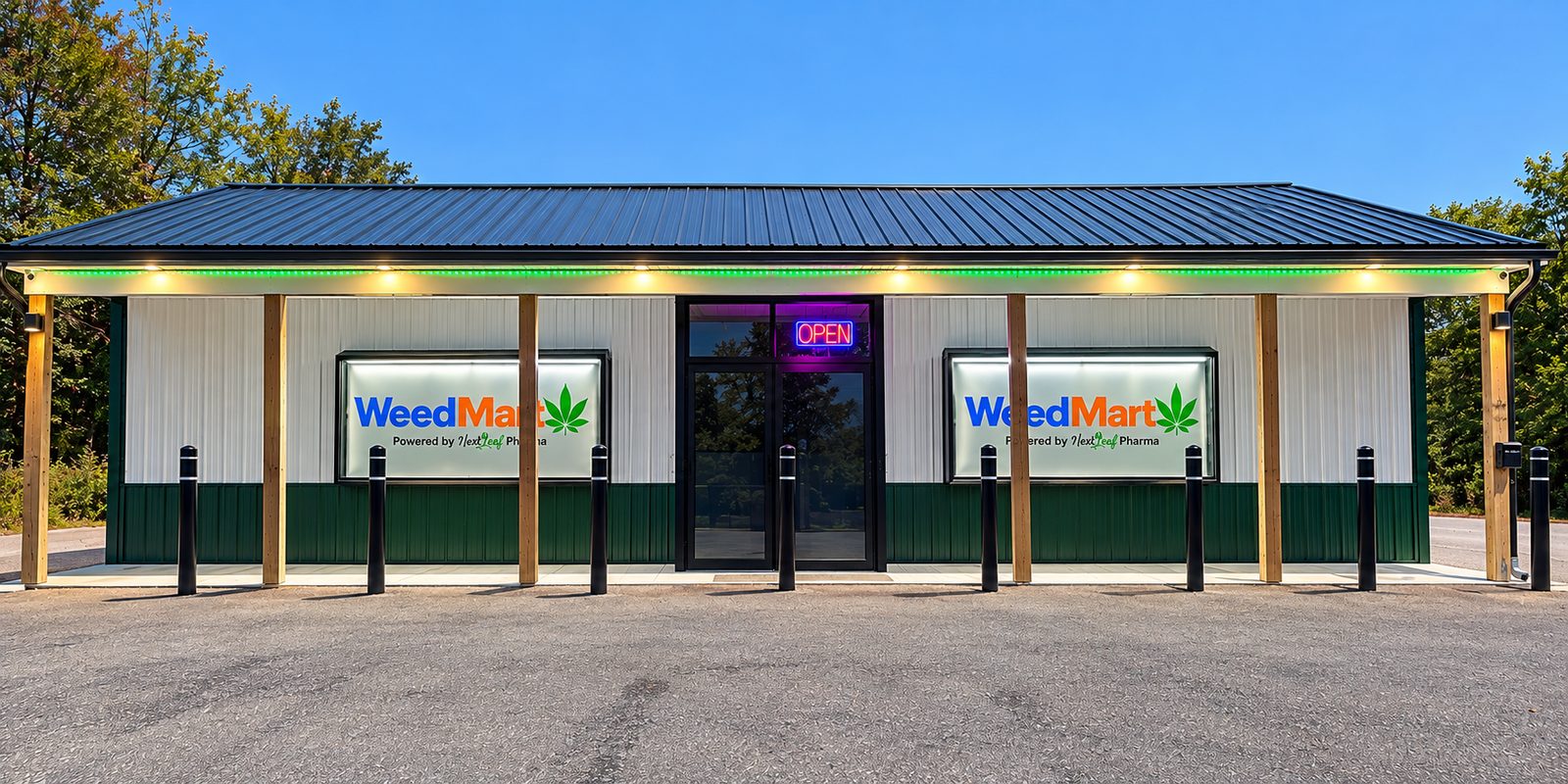 The Weed Mart storefront, a white and green building with an OPEN sign and Weed Mart signs that say Powered by Next Leaf Pharma